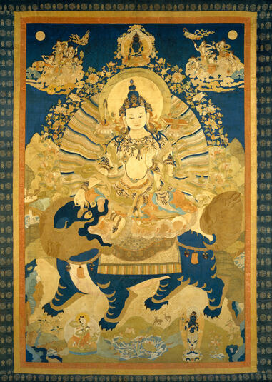 6" Asian Antique Tibet painting Colourful gilt Manjusri Bhodisattva Buddhism 