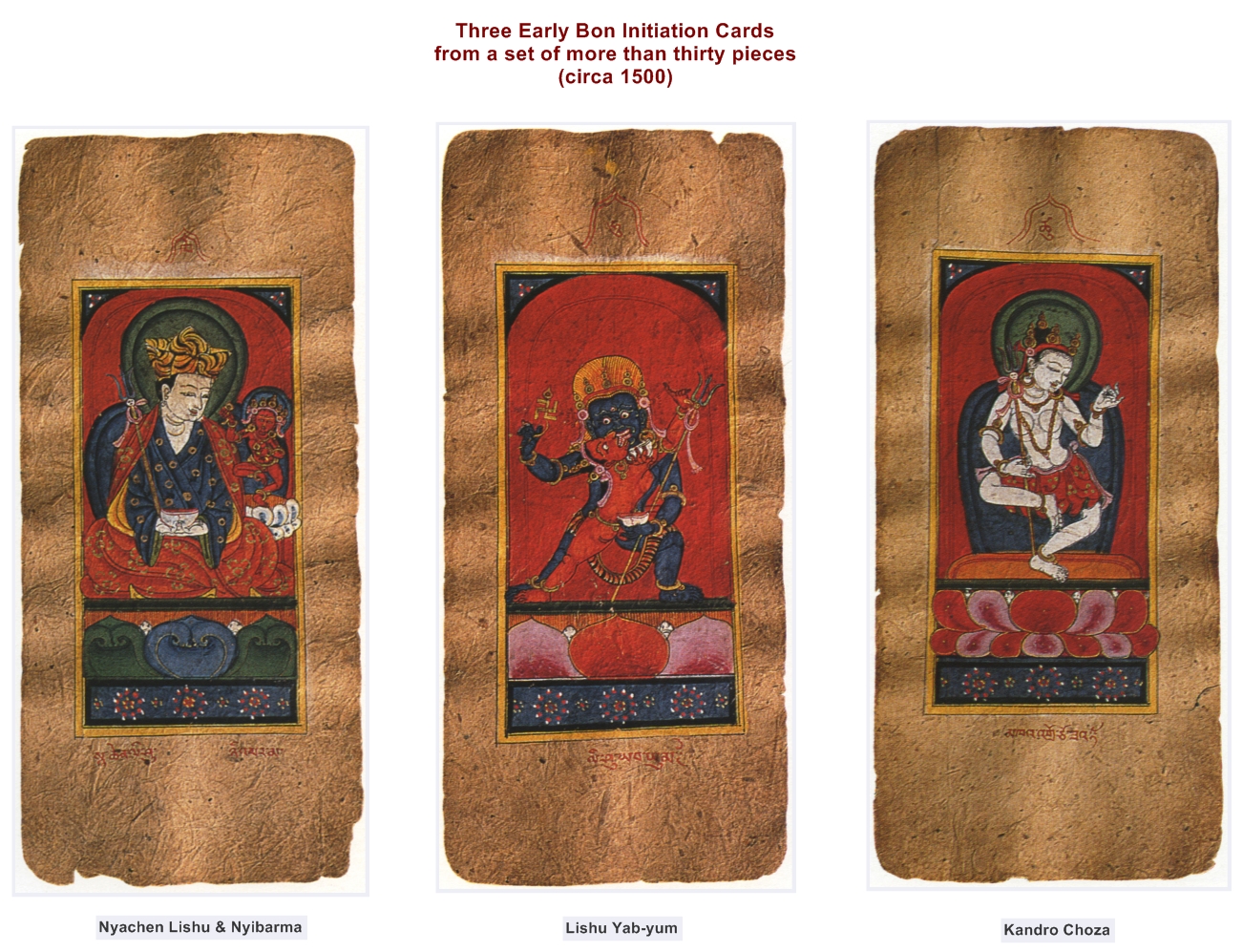Three Early Bon Initiation Cards from a set of more than thirty pieces (circa 1500)