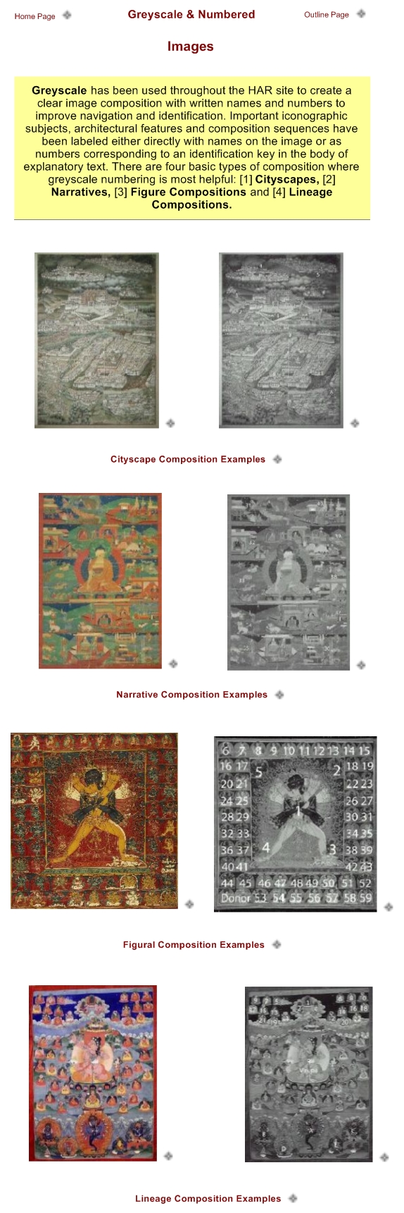 Greyscale has been used throughout the HAR site to create a clear image composition with written names and numbers to improve navigation and identification. Important iconographic subjects, architectural features and composition sequences have been labeled either directly with names on the image or as numbers corresponding to an identification key in the body of explanatory text. There are four basic types of composition where greyscale numbering is most helpful: [1] Cityscapes, [2] Narratives, [3] Figure Compositions and [4] Lineage Compositions. 